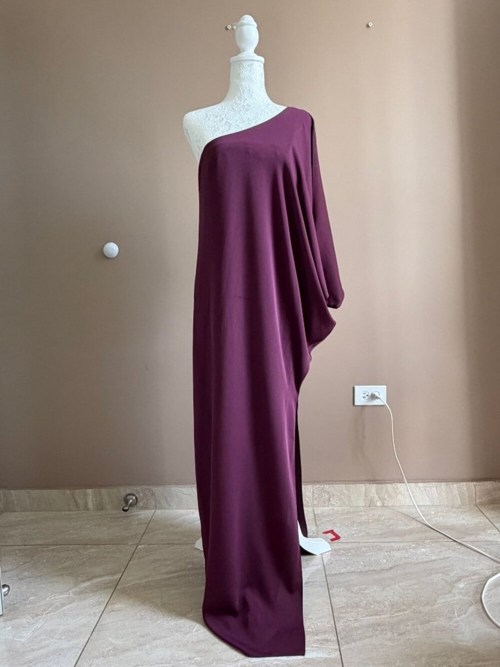 A BCBGMAXAZRIA one-shoulder maxi length drape plum dress Size M